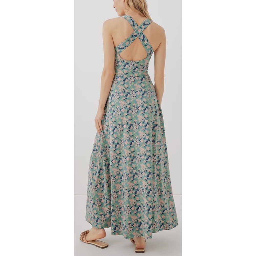 Pact Organic Fit & Flare Open Back Maxi Dress Green and Pink Floral Size Large